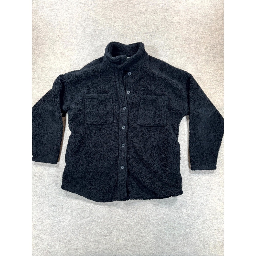 Eddie Bauer Sherpa Fleece Jacket Womens Large Black Long Sleeve Button Front